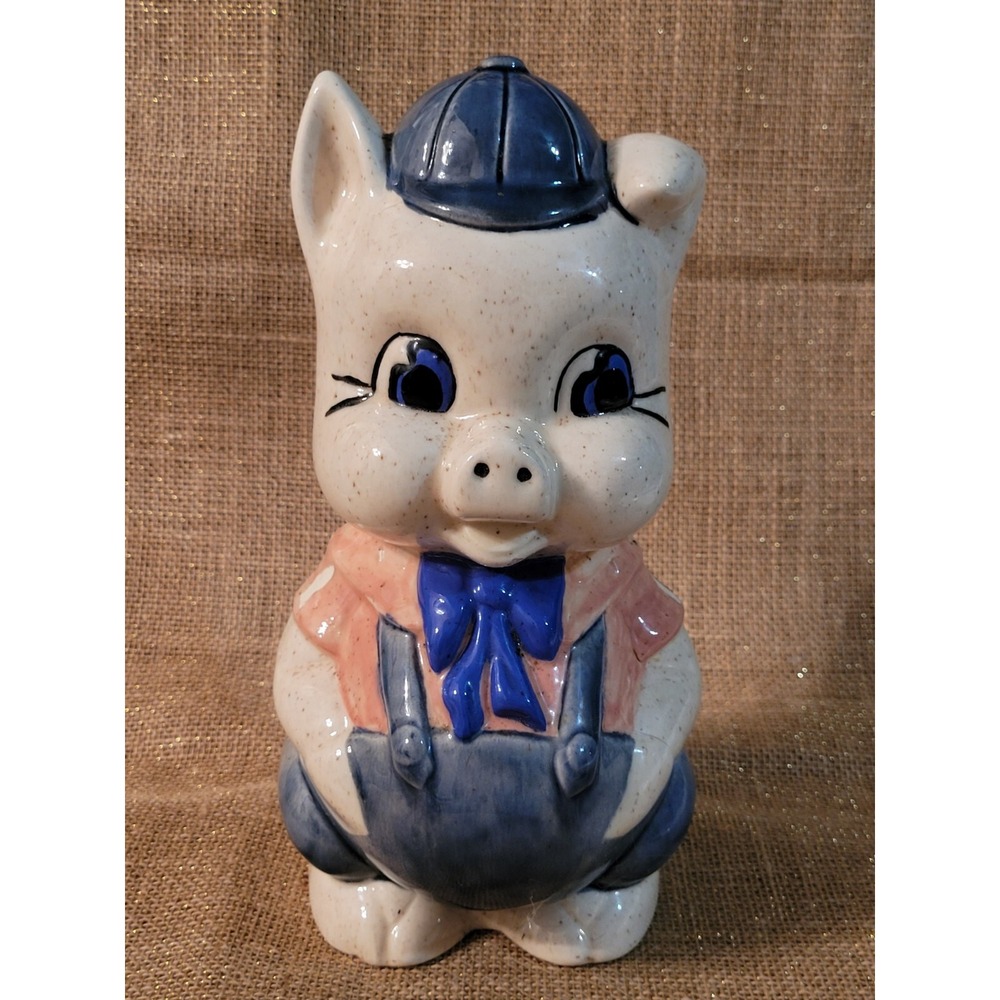 Vintage Ceramic Piggy Bank~ Pig In Blue Overalls Bow Tie & Ball Cap  Pink Shirt‎